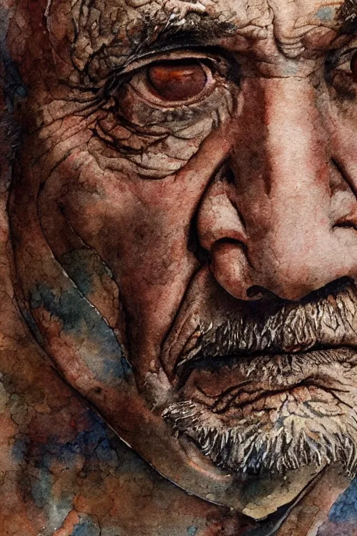 Image similar to portrait of a old man with aquarelle painted skin. trying to say something. close up. very dark brown hair, light eyes. intricate dark flowers pattern background, high detail, by Eddie Mendoza