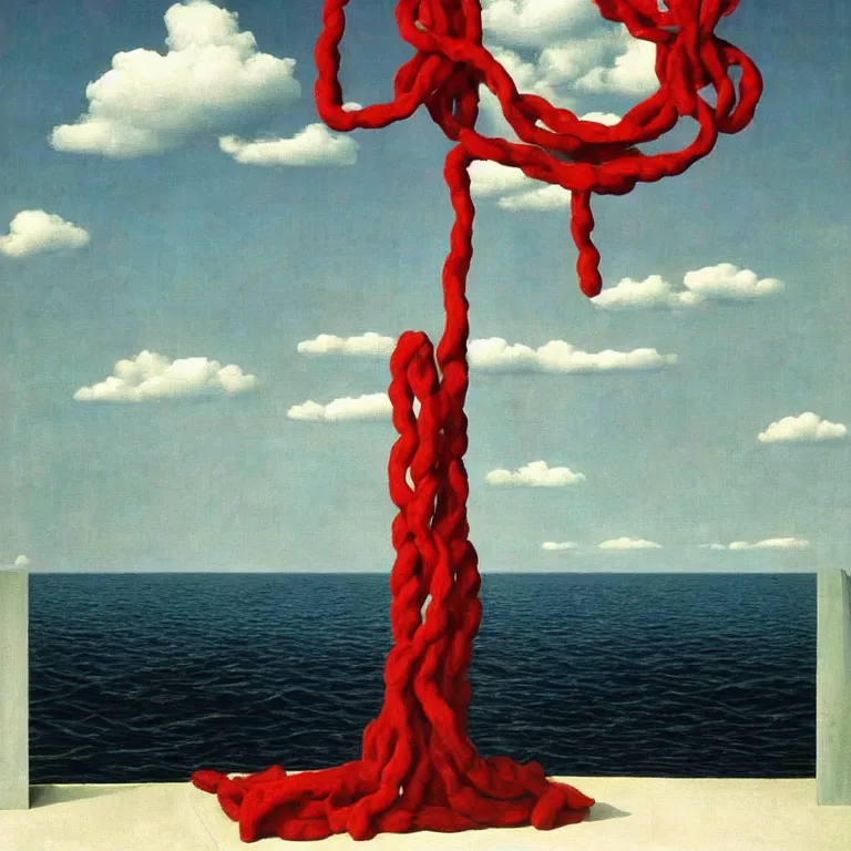 Prompt: A Monumental Public Sculpture of a 'Mirror to the Unconscious made out of Red Rope Licorice' on a pedestal by the Sea, surreal oil painting by Rene Magritte and Max Ernst shocking detail hyperrealistic!! Cinematic lighting