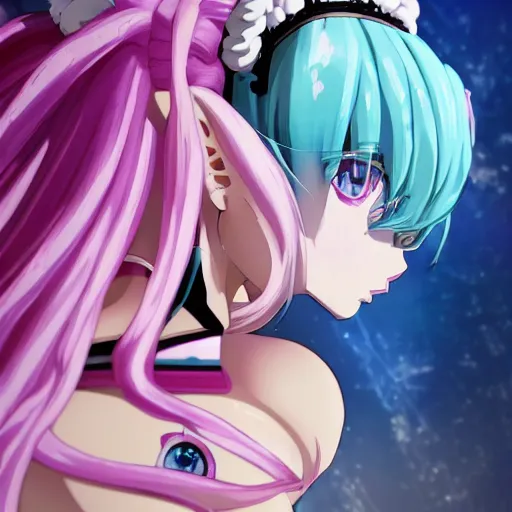 Image similar to stunningly beautiful omnipotent megalomaniacal anime goddess who looks like junko enoshima with porcelain skin, pink twintail hair and mesmerizing cyan eyes, symmetrical perfect face smiling in a twisted, mischievous, devious and haughty way while looking down upon the viewer and taking over the universe, mid view, hyperdetailed, 2 d, 8 k