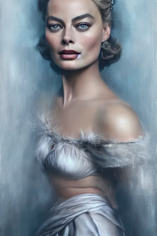 Prompt: A stunning realistic fine art painting of Margot Robbie as a queen by Tom bagshaw, studio portrait, 50mm lens 4k,