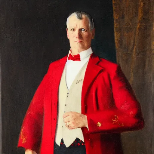 Image similar to the honorable duke, a 5 0 year old man in traditional german noble attire, red and white belt on top of his suit, oil on canvas, 1 9 0 5