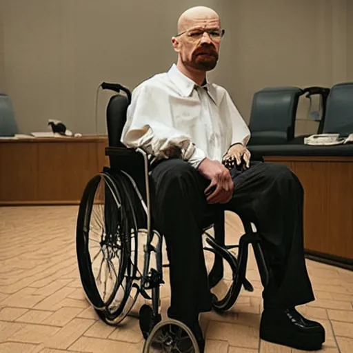 Image similar to walter white with no beard, wearing an oxygen mask, sitting in a wheelchair in a courtroom. photography by annie liebowitz