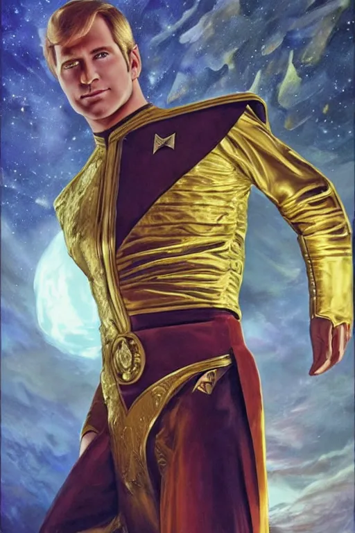 Prompt: portrait photograph of captain kirk as a glorious regal space king, sleek outfit, upper body, fantasy, handsome, depth of field, soft focus, highly detailed, intricate, realistic, national geographic cover, soft glow, textured, artstation, concept art, sharp focus, illustration, art by artgerm and greg rutkowski and alphonse mucha