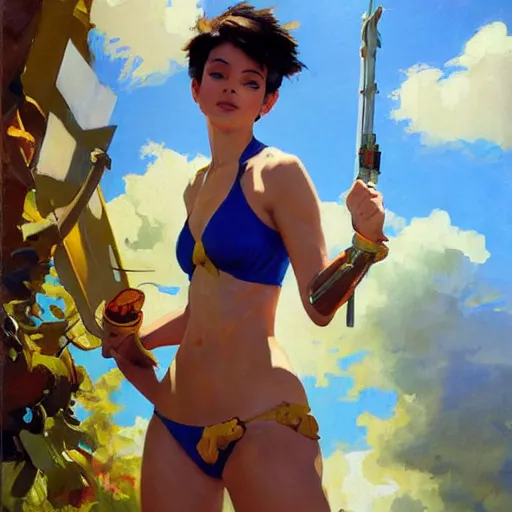 Prompt: greg manchess painting of tracer wearing a bikini knight armor, medium shot, organic painting, sunny day, bold shapes, hard edges, street art, trending on artstation, by huang guangjian and gil elvgren and sachin teng and artgerm and greg rutkowski and alphonse mucha
