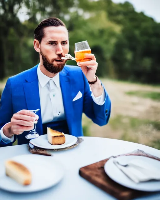 Image similar to photography of a fancy gentleman eating a toast with blue liquid spread over it,