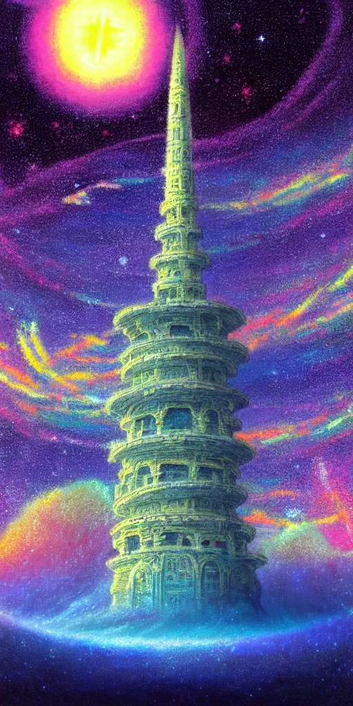 Image similar to a landscape pastel in the style of noriyoshi ohrai of an ancient holy tower, it has iridescent mana radiating from it. it is centered. the background is the starry sky at night. key art. 4 k retrofuturistic fantasy