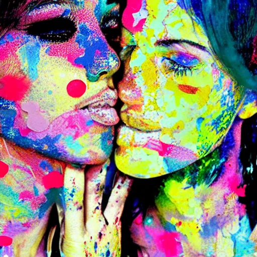 Image similar to double exposure of two women kissing ( closeup ) and a psychedelic painting, lomography. this photograph is subsequently printed out and splattered with paint. mixed media collage art with magazines and found art