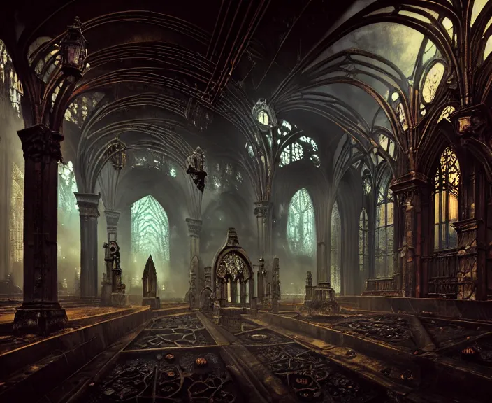 Image similar to steam necropolis, memento mori, gothic, neo - gothic, art nouveau, hyperdetailed copper patina medieval icon, stefan morrell, philippe druillet, ralph mcquarrie, concept art, steampunk, unreal engine, detailed intricate environment, octane render, moody atmospherics, volumetric lighting, ultrasharp, ominous, otherworldly