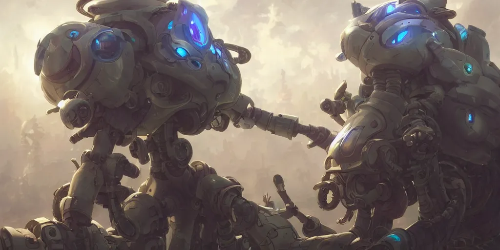 Image similar to robot mech from made in abyss by akihito tsukushi, backlight, centered rim lighting, deep focus, d & d, fantasy, intricate, elegant, highly detailed, digital painting, artstation, concept art, matte, sharp focus, illustration, hearthstone, art by artgerm and greg rutkowski and alphonse mucha