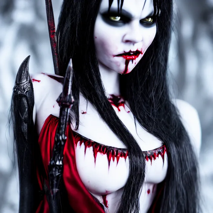 Prompt: full body photograph of a real - life beautiful vampire queen warrior. extremely detailed. dslr. 5 0 mm.