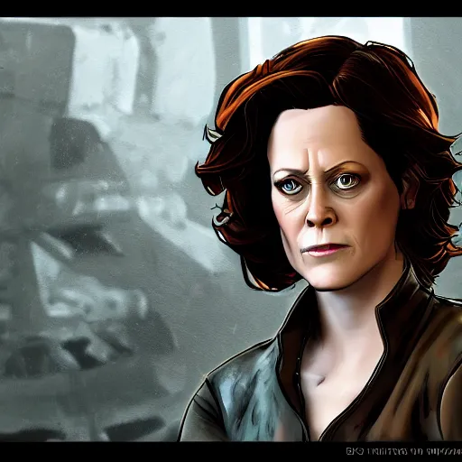 Prompt: sigourney weaver portrait, borderlands, tales from the borderlands, the wolf among us, comic, cinematic lighting, studio quality, 8 k