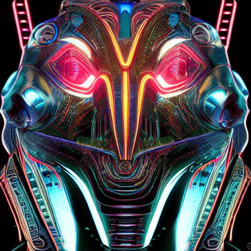 Image similar to face of cybernetic anubis, futuristic, cyberpunk, symmetric, digital illustration, photo - realistic, macro, extremely detailed, vivid, neon, dramatic lighting, intricate details