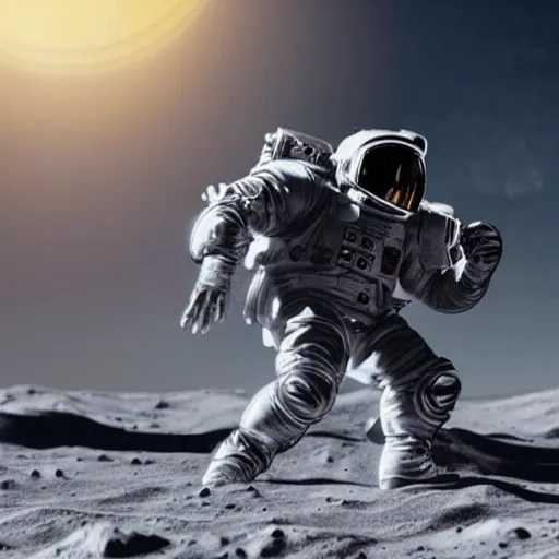 Prompt: space marine wearing armored space suit running into combat on the moon's surface, taken from a camera at eye level