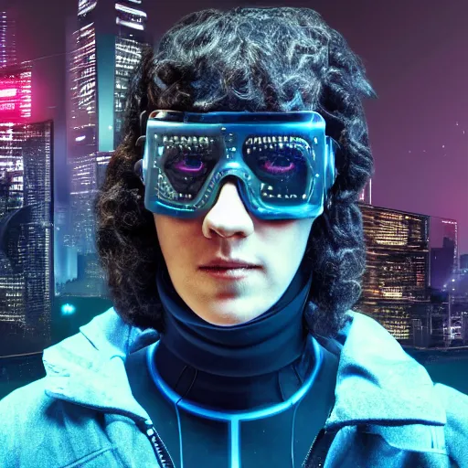 Image similar to cyberpunk image of bernedoodle