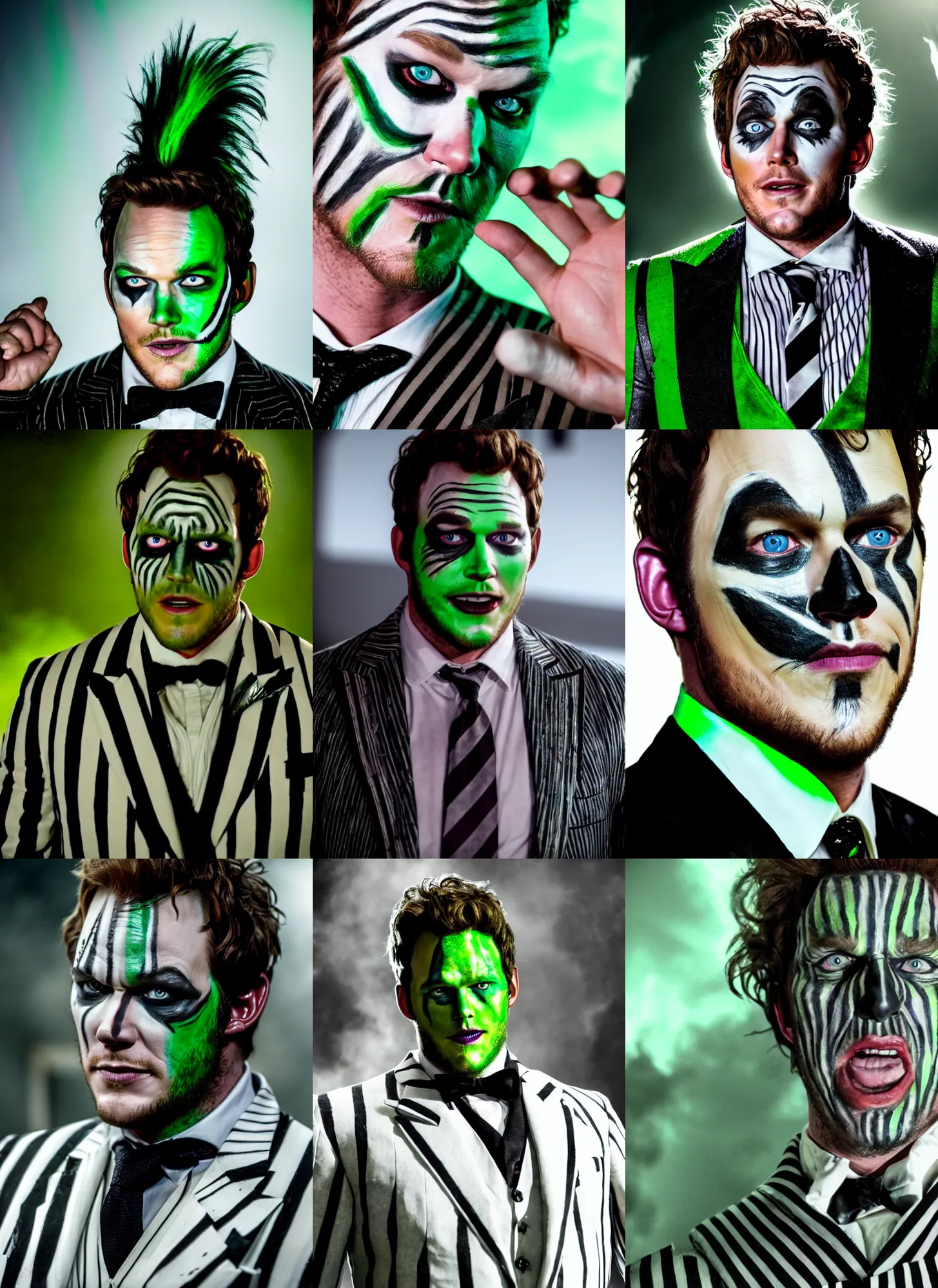 Prompt: a movie still of chris pratt as beetlejuice, detailed, white face paint and black eye shadow, black and white striped suit, light green messy hair, dynamic lighting, 8 k hdr movie still