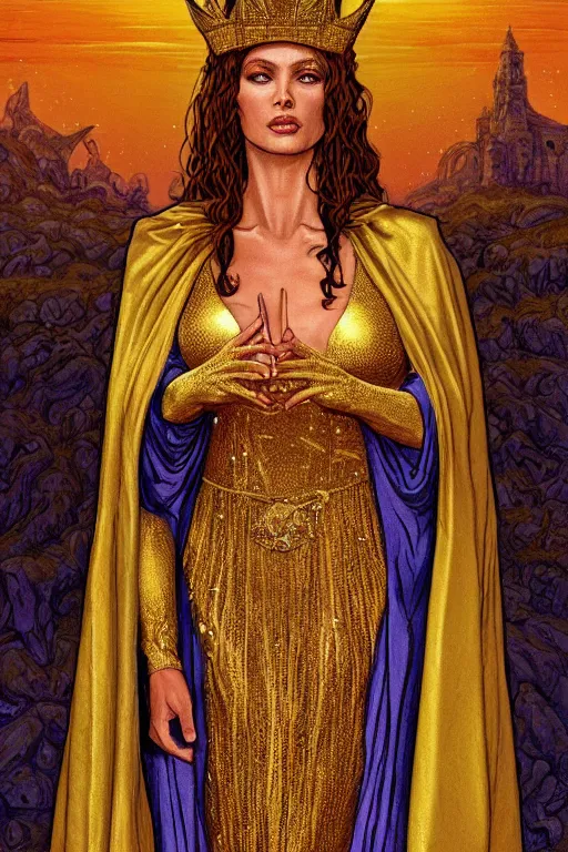 Image similar to Portrait of historically accurate, ancient biblical, sultry, sneering, evil, pagan, wicked, queen jezebel, wearing gilded robes, long hair, intricate, elegant, highly detailed, masterpiece, illustration, art by Jean Giraud, highly detailed, trending on artstation, award winning