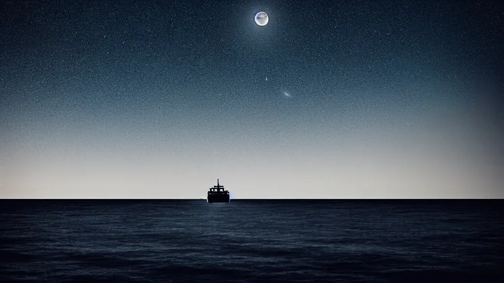 Image similar to a distant ferry sailing through a deep black ocean made of stars. Ethereal lighting. Nighttime setting with the moon reflecting off the water