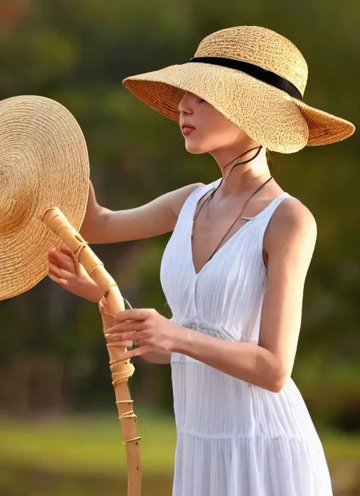 Image similar to Fine Image on the store website, eBay, Full body, 80mm resin figure of a cute tall girl in straw hat and white dress playing guitar, environmental light from the front