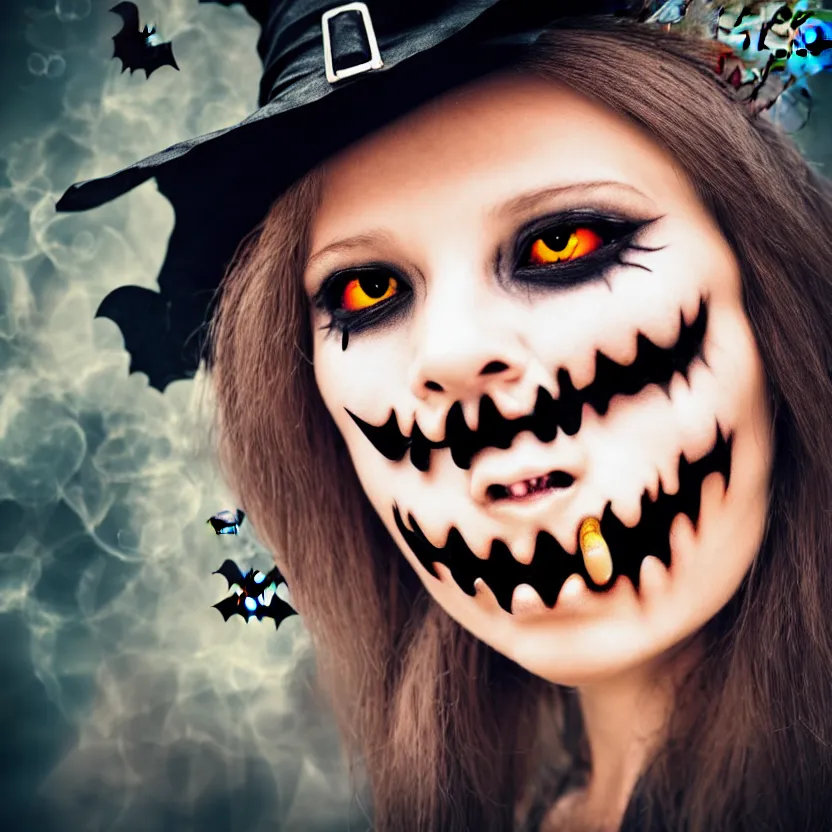 Prompt: an up close macro style photo of a halloween witch cute character face sticker, 4 k, magazine photo, spooky background, 8 k,