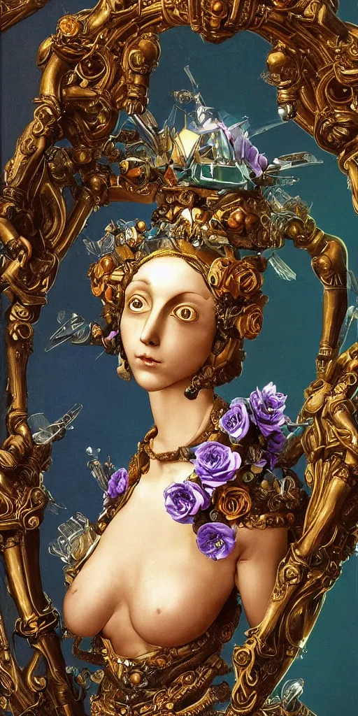 Image similar to a young beautiful Italian metal android with a large glowing yellow lit crystal in the center of her chest, full-body bronze cyberpunk style statue of Venus with glowing purple eyes, crown of mechanical peach roses, flowing teal-colored silk, fabric, steampunk flowers. baroque elements, human skull. full-length view. baroque element. intricate artwork by caravaggio. many flying horses on background. Trending on artstation, octane render, cinematic lighting from the right, hyper realism, octane render, 8k, depth of field, 3D