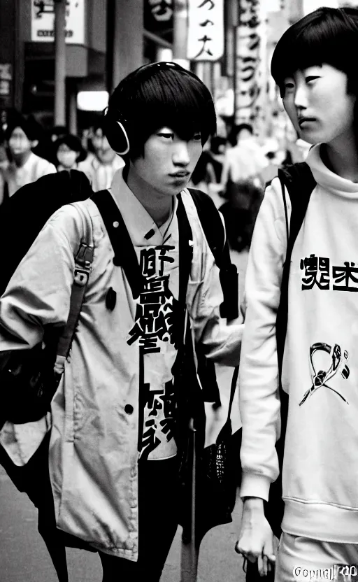 Prompt: japanese teenagers male and female, street photography in the 8 0 s, economic boom, punks, highly realistic, photography, highly detailed, cinematic lighting, tokyo, fashion, wearing sony walkman and headphones