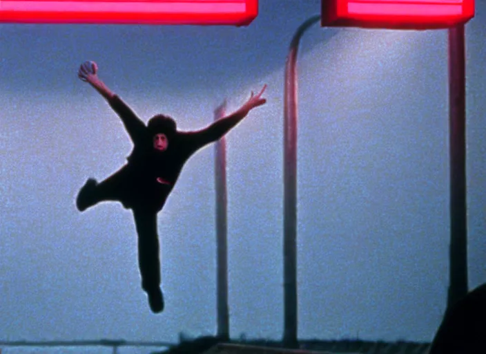 Prompt: a still from the breakfast club ( 1 9 8 5 ) of a man lifelessly floating 1 0 feet above a football oval at night, illuminated by a red light