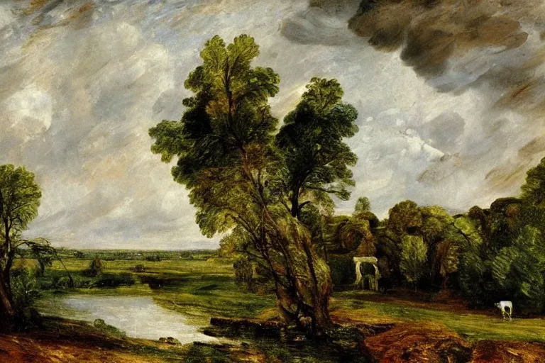 Prompt: ‘ a painting of a pastoral country landscape with a river by john constable ’