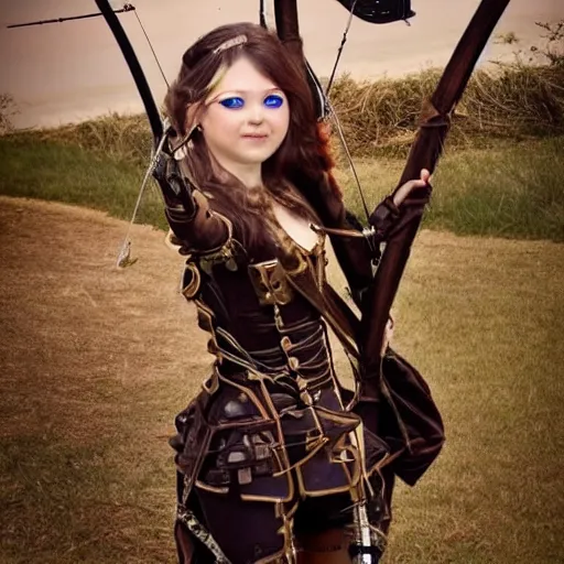 Image similar to full shot photo of a beautiful steampunk archer