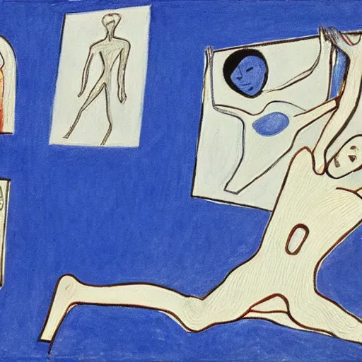 Image similar to different parts of human bodies lie in different places of the blue room, in style of mihail larionov, avant - garde.