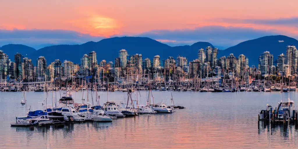 Prompt: vancouver harbour with a glorious sunset. professional photography