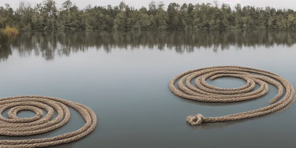 Image similar to a infinitely long thick rope zig - zagging snaking across the surface of the water into the distance, floating submerged rope stretching out towards the center of the lake, a dark lake on a cloudy day, atmospheric, color film, trees in the background, hyper - detailed photo, anamorphic lens