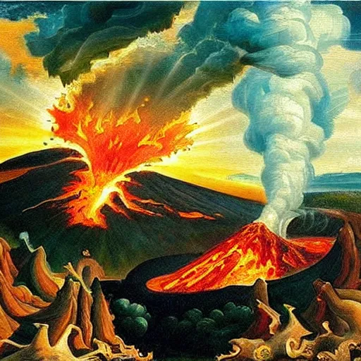 Prompt: the creation of a volcano, divine inspired painting, masterpiece, intricate details, incredible painting