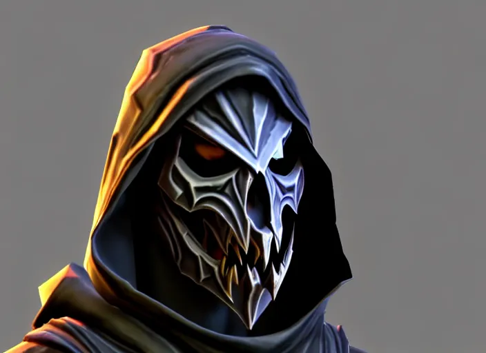 Image similar to hooded wraith skull, stylized stl, 3 d render, activision blizzard style, hearthstone style, darksiders style, dauntless style