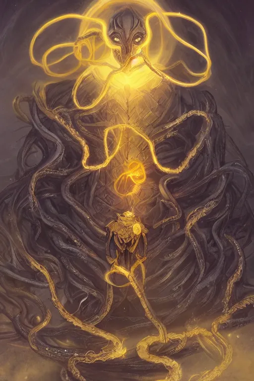 Image similar to A full body portrait of a mysterious character with no face with a very long hooded yellow cloak, a golden crown floating above his head tentacles coming out the ground art by James Paick, and Shaddy Safadi, ominous, cosmic horror, trending on artstation, Ultra detailed, hyper realistic 4k