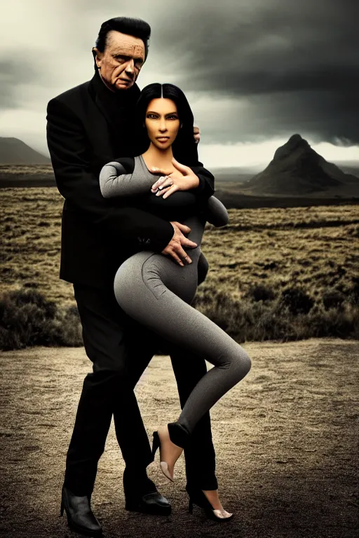 Prompt: johnny cash hugging kim kardashian, centered full body shot, full pov, kim wearing skintight grey sportswear, real photo, photoshooting, studio light, Irish mountains background, intricate, epic lighting, cinematic composition, hyper realistic, 8k resolution, unreal engine 5