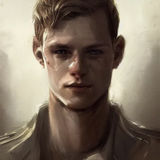 Prompt: Portrait of a devil by Greg Rutkowski, he is about 20 years old, norwegian, short blond hair, young, manly, attractive, strong, older brother vibes, he is wearing futuristic military fatigues, highly detailed portrait, scifi, digital painting, artstation, concept art, smooth, sharp foccus ilustration, Artstation HQ