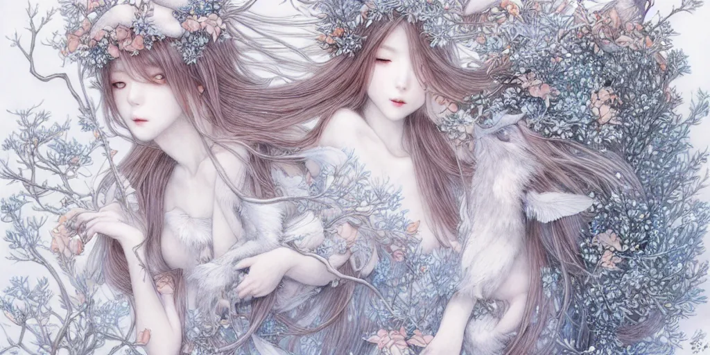 Image similar to breathtaking delicate detailed concept art winter creatures, by miho hirano, bizarre compositions, exquisite detail, pastel colors, 8 k