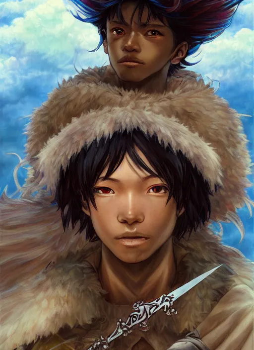 Image similar to prompt : ragnarok online portrait soft light painted by james jean and katsuhiro otomo and erik jones, epic fantasy, a young long haired peasant boy with dark skin, brown skin, a dark complexation in plain fantasy clothing with intelligent eyes, intricate oil painting, high detail illustration, sharp high detail, manga and anime 1 9 9 9