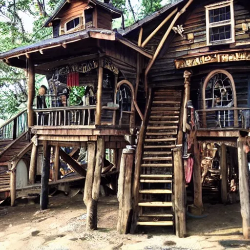 Prompt: Baba yaga tavern walking on stilts. No people. Stilts have claws.