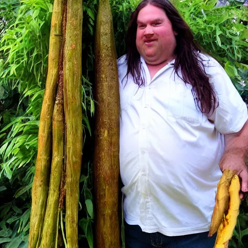 Image similar to a photo of a portly man with long hair holding a 1 0 m long yam