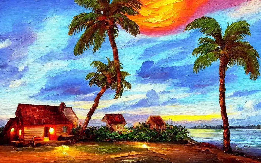 Image similar to a very very small island! with a cute cozy large cottage!! on it and a paved patio!! with chairs and string lights!, palm trees, very late evening cloudy sunset, dramatic and dynamic lighting, thick brush strokes oil impasto painting