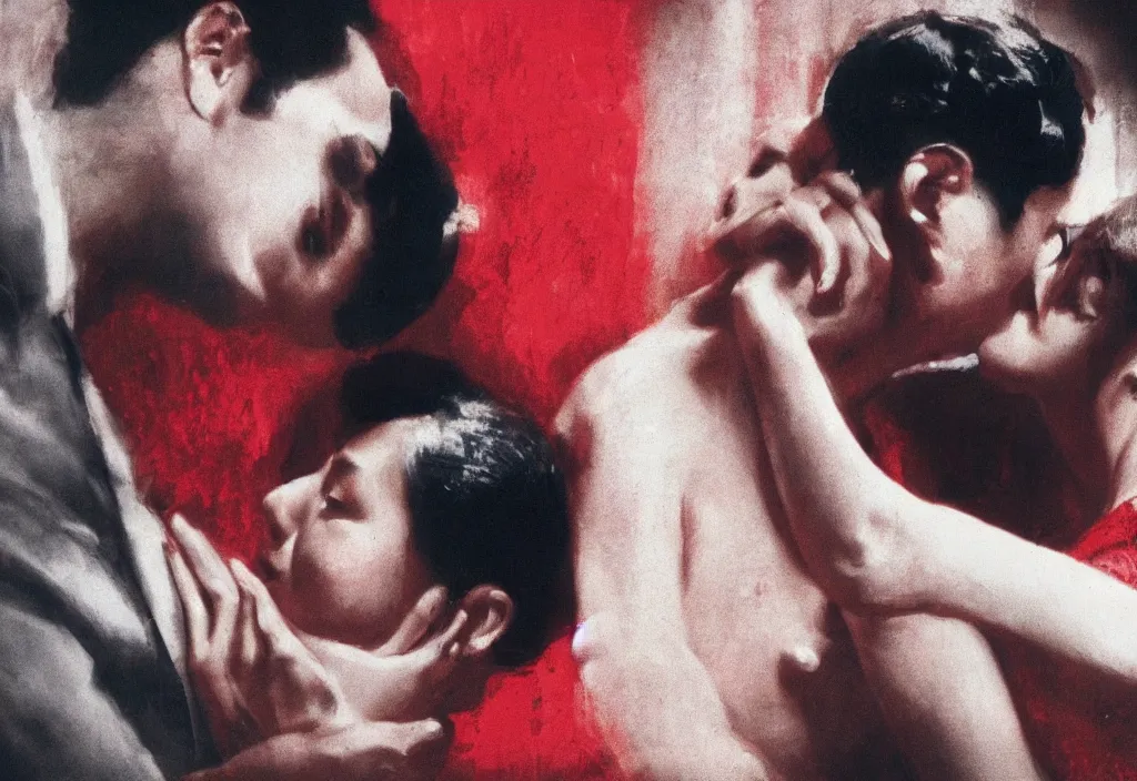 Prompt: Close-up art house film still of a passionate kiss between two lovers, In The Mood for Love, red color and lighting, photorealism, cinematic atmosphere, high details, sharp focus