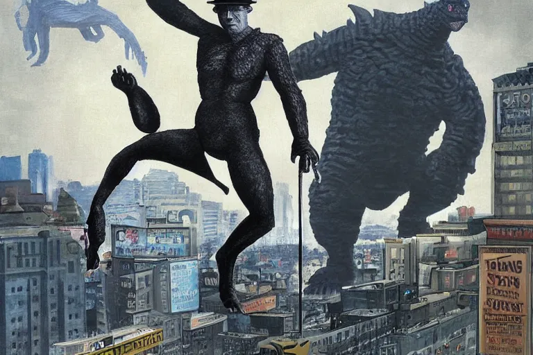Prompt: giant buster keaton in the city, battling godzilla with clever acrobatics. color fantasy painting, highly detailed, trending on artstation
