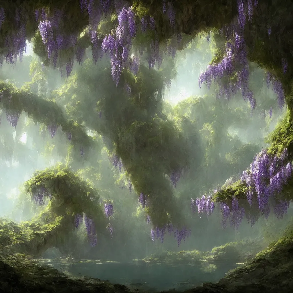 Prompt: “ a painting of a wisteria tree in a beautiful cave with a lake, a detailed matte painting by artem demura, artstation hq, matte painting, volumetric lighting ”