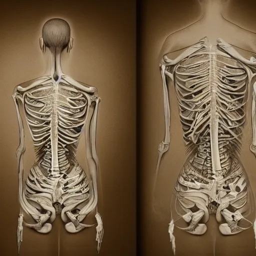 Prompt: beautiful scene of a detailed and intricate design of the back of full woman body and a baby fetus wrapped in bones, real, studio shot, dynamic lighting, great finesse organic hyper detailed, engineering blueprints, technical drawings, calculus, stained paper, hyperrealistic, ultra detailed, 16K, unreal engine, trending on artstation