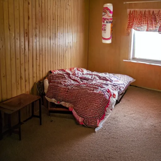 Image similar to bedroom completely filled with empty soda bottles