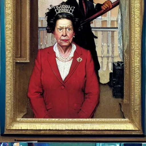 Prompt: Frontal portrait of the queen of the proletariat. A painting by Norman Rockwell.