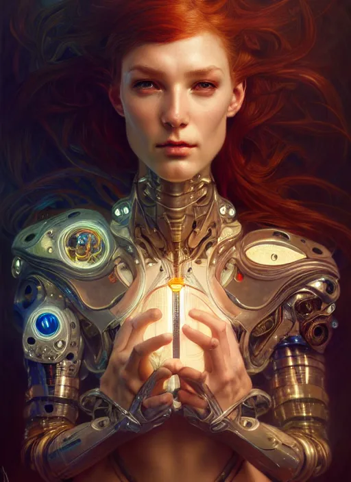 Image similar to cyborg recharging, diffuse lighting, fantasy, intricate, elegant, highly detailed, lifelike, photorealistic, digital painting, artstation, illustration, concept art, smooth, sharp focus, art by John Collier and Albert Aublet and James jean and Brian froud and ross tran and Artem Demura and Alphonse Mucha