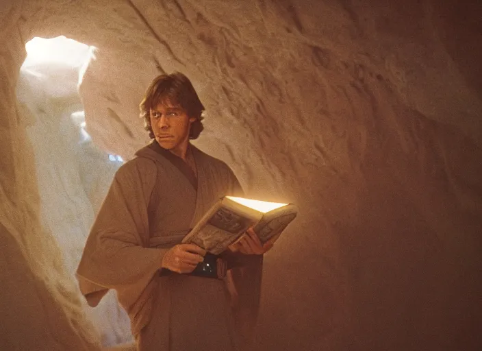 Prompt: detailed photo of Luke skywalker finding the ancient jedi texts in an strange hazy cave. 1985 film, Photographed with Leica Summilux-M 24 mm lens, ISO 100, f/8, Portra 400