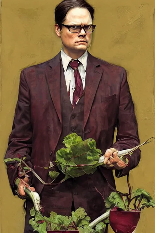 Prompt: dwight schrute gardening, beets!!!, painting by jc leyendecker!! phil hale!, angular, brush strokes, painterly, vintage, crisp